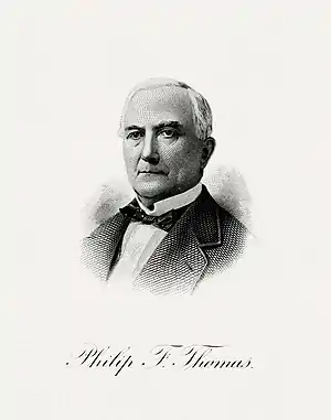 Image 11Philip Francis ThomasEngraving credit: Bureau of Engraving and Printing; restored by Andrew ShivaPhilip Francis Thomas (12&nbsp;September&nbsp;1810 – 2&nbsp;October&nbsp;1890) was an American lawyer and politician. He served in the Maryland House of Delegates and was the 28th governor of Maryland from 1848 to 1851. In 1860, he was appointed as the 23rd United States secretary of the treasury, in President James Buchanan's administration. He held the post for only one month, resigning after he failed to obtain a loan to pay the interest on the bonded public debt. After unsuccessfully standing for election to the United States Senate in 1878, he returned to the Maryland House of Delegates and later resumed the practice of law.More selected pictures