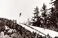 A ski flyer over the knoll in Kulm, 1962