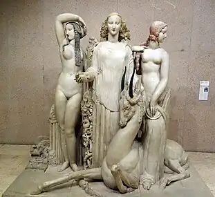 Hommage à Jean Goujon; by Alfred Janniot; 1919–1924; limestone partially coloured; 220 x 235 x 129&nbsp;cm; Calouste Gulbenkian Museum, Lisboa, Portugal