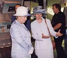 Her Majesty Queen Elizabeth II being shown around the National Space Centre by former astronaut Helen Sharman.