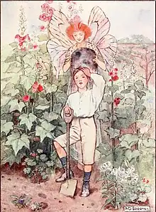 A fairy floats behind a young boy working in a flower garden
