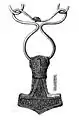 Drawing of a 4.6&nbsp;cm gold-plated silver Mjölnir pendant found at Bredsätra on Öland, Sweden