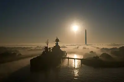 USS&nbsp;Texas and the Monument seen at sunrise in late 2007.