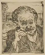 Vincent van Gogh, 1890, Man with a Pipe (Portrait of Dr. Paul Gachet), etching on wove paper, 18.4 × 14.9&nbsp;cm, Philadelphia Museum of Art