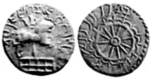 Silver coin of a "King Vrishni" (of the Audumbaras according to Cunningham).Obv Pillar with half-lion and half-elephant, surmounted by a Triratna symbol and surrounded by Buddhist railing. Brahmi legend Vṛishṇi Raja jnâgaṇyasya blubharasyaRev Large Dharmachakra symbol. Kharosthi legend Vrishni Raja jnâganyasya blubharasya. of