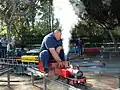 A small 5-inch (13&nbsp;cm) gauge live steam locomotive at the Wagga Wagga Society of Model Engineers' miniature railway, Willans Hill, Wagga Wagga, New South Wales, Australia
