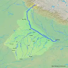 The Yamuna is the second-largest tributary river of the Ganges and the longest tributary in India. It flows almost parallel to the Ganges about its right bank for 1,376 kilometres (855&nbsp;mi) before merging with it at the Triveni Sangam, Allahabad.