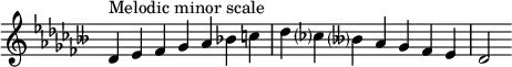 {
\omit Score.TimeSignature \relative c' {
\accidentalStyle modern \key des \minor \time 7/4 des^"Melodic minor scale" es fes ges aes bes c des ces? beses? aes ges fes es des2
} }